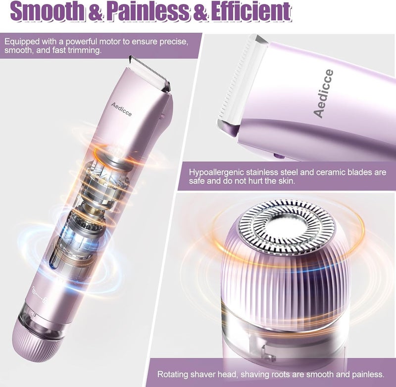 Aedicce Bikini Trimmer for Women 2 in 1, Dual Head Womens Electric Shaver, Electric Razors for Pubic Hair, IPX7 Waterproof Rechargeable Facial Hair Removal for Shaving Underarm Leg Arm Body Face, Purple - Image 4